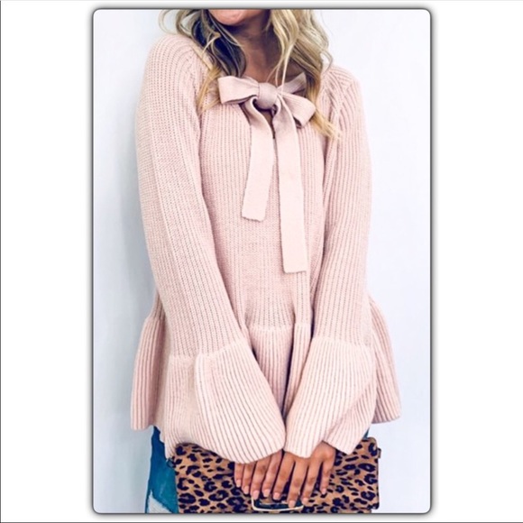 Blush Pink Front Bow Tie Sweater - Picture 1 of 8